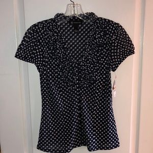 INC Ruffled V-neck Blouse - Navy polka dots, size small, NWT